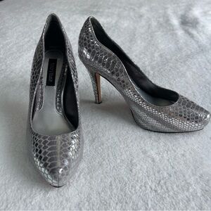 White House Black Market silver snake disco platform pumps heels shiny